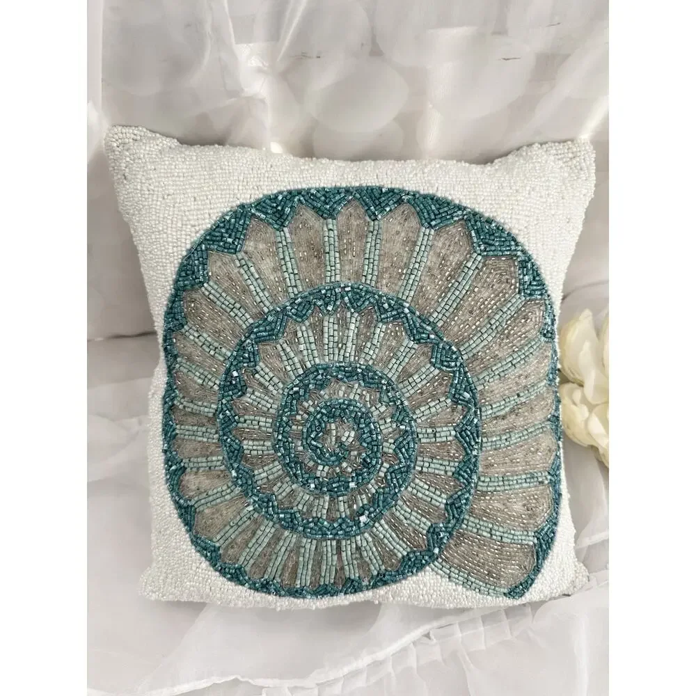 White GLASS  Beaded Accent Pillow Blue Shell Coastal Beach Teal Blue Square 12”